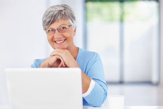 Mature woman using laptop. Portrait of smiling mature woman using laptop.