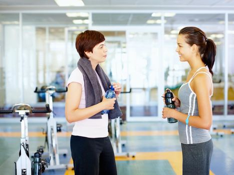 Workout buddies. Two girls talking and looking at each other in the gym.