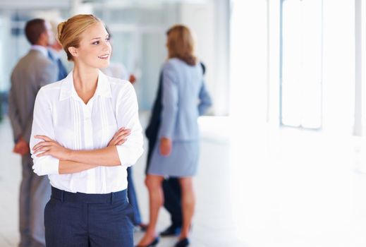 Confident business woman with executives. Portrait of confident business woman smiling with executives conversing in background.