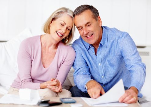 An attractive senior couple calculating their home expenses. Portrait of an attractive senior couple calculating their home expenses.