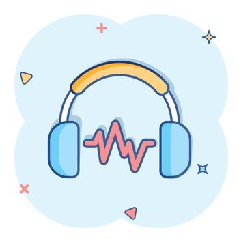 Headphone headset icon in comic style. Headphones vector cartoon illustration pictogram. Audio gadget business concept splash effect.