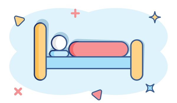 Bed icon in comic style. Sleep bedroom vector cartoon illustration pictogram. Relax sofa business concept splash effect.