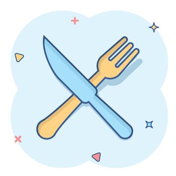 Fork and knife restaurant icon in comic style. Dinner equipment vector cartoon illustration pictogram. Restaurant business concept splash effect.