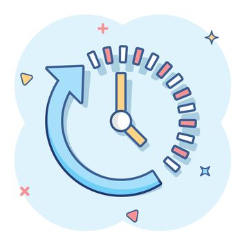 Clock countdown icon in comic style. Time chronometer vector cartoon illustration pictogram. Clock business concept splash effect.