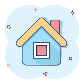 House building icon in comic style. Home apartment vector cartoon illustration pictogram. House dwelling business concept splash effect.