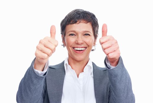 Mature business woman with thumbs up. Closeup of smiling mature business woman gesturing thumbs up sign over white background.