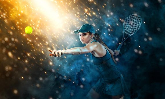 Tennis player with racket and ball. Woman athlete playing on grand arena background