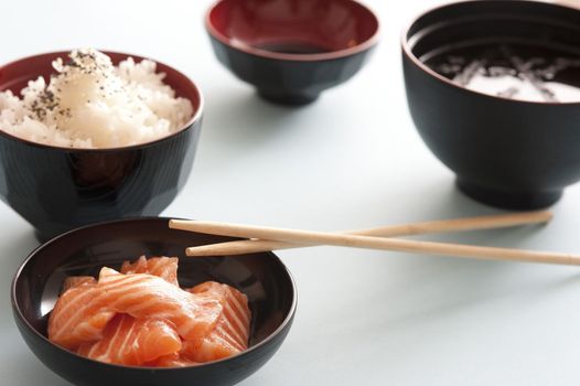 Raw salmon sashimi pieces with rice