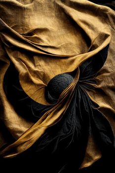 3d render, abstract fashion wallpaper. Modern minimal composition with gold black silk fabric