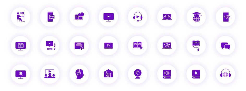 e learning purple color silhouette icons on light round buttons with purple shadow. e learning vector icon set for web, mobile apps, ui design and print