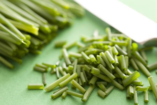 Pile of fresh chopped green chives on a board