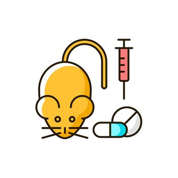 Testing medicine on animals RGB color icon. Clinical trials on mice, experimenting on rats. Medical research for drug toxicity on pets. Isolated vector illustration. Simple filled line drawing