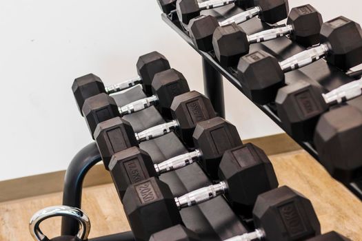 Close up shot of various gym equipment and weights. Fitness