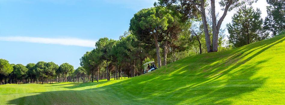 Panoramic view of beautiful golf course with buggy and pines on sunny day. Golf field with fairway, lake and pine-trees