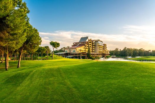 Belek, Turkey - May 13, 2022: Sueno hotel golf Belek with beautiful golf course. Sueno golf club in Sueno resort in Belek