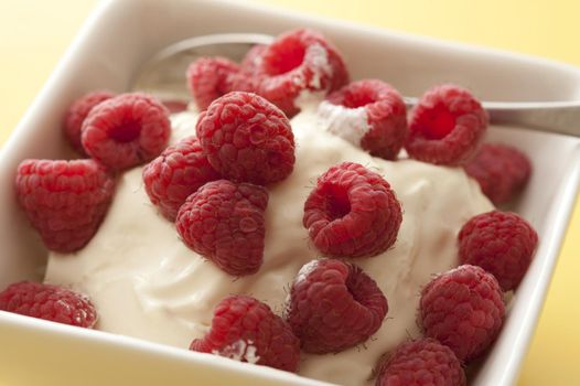 Plain creamy yogurt topped with fresh raspberries