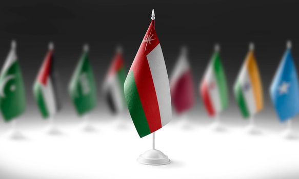 The national flag of the Oman on the background of flags of other countries