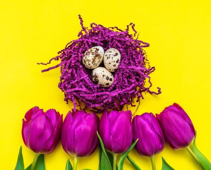 Colorful eggs in purple artificial bird's nest isolated on purple background. Easter concept.