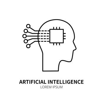 Artificial intelligence and machine learning line icon. Head and cpu. Simple thin outline pictogram. AI concept. Innovative robotic technology element. Cpu,cloud. Editable stroke vector illustration