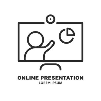 Business presentation icon, online meeting line icon isolated. Logo concept. Video conference concept. Distance work and learning. Vector element. Laptop, computer, chatting, conferencing