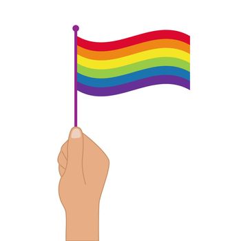 Human hand holding lgbt colored flag on white.