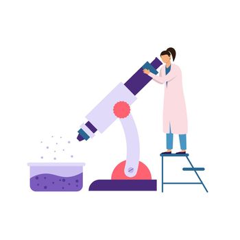 Woman scientist looks through a microscope for a chemical