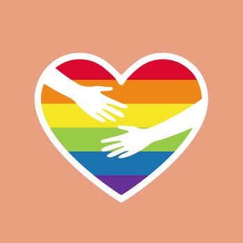 Heart rainbow colored with hugging hands. LGBTQ