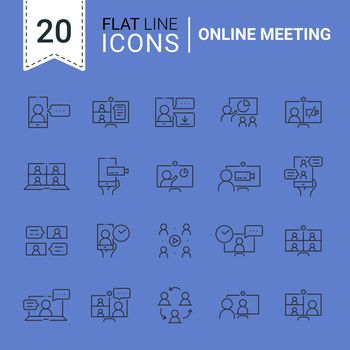 Simple set of online meeting related line icons isolated. Video conference concept. Distance work and learning. Collection of vector elements. Laptop, computer, smartphone, chatting, conferencing