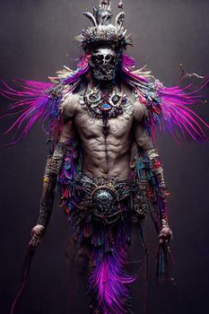 3d illustration of aztec man warrior with crown of feathers