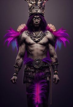 3d illustration of aztec man warrior with crown of feathers