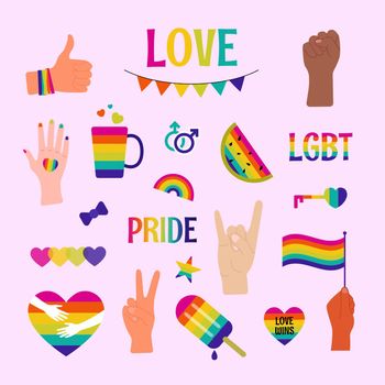 Collection of LGBTQ community symbols clipart isolated.