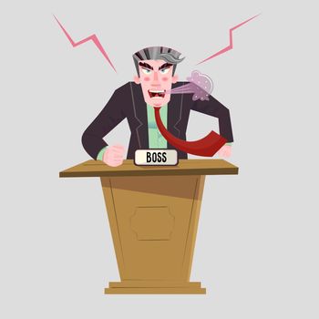 Furious boss screaming and yelling in anger standing behind rostrum. Vector character.