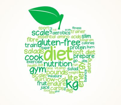 Eat healthy. A graphic illustration of an apple made from words related to healthy eating.