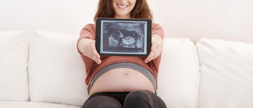 Coming soon. glowing young pregnant woman showing her ultrasound on a digital tablet.
