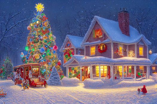 3D illustration of a Christmas tree house with ornaments and colored lights, surrounded by snow