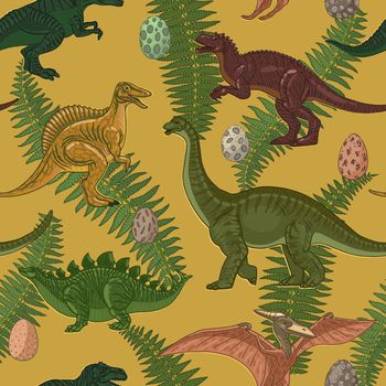 Seamless pattern. Dinosaurs with eggs and leaves. Vintage retro style in mustard and green tones. Illustration vector.