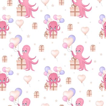 Seamless pattern with octopuses. Cute children's octopus character. Children's textiles. Seamless ornament for babies