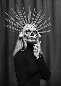Beautiful Halloween Make-Up Style. Blond Model Wear Sugar Skull Makeup with Crown. Santa Muerte concept