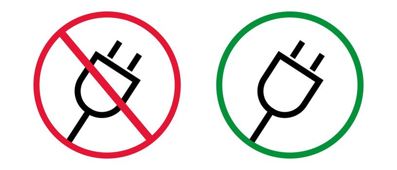 Prohibited and permitted use of electrical outlet. Chargeable and non-chargeable outlet icon set. Vector.