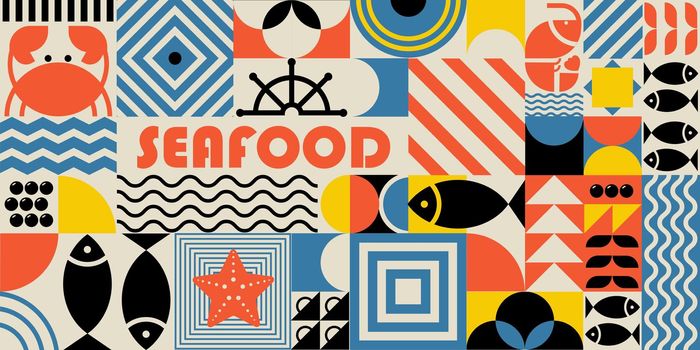 Bauhaus-style background of seafood and abstract shapes, figures