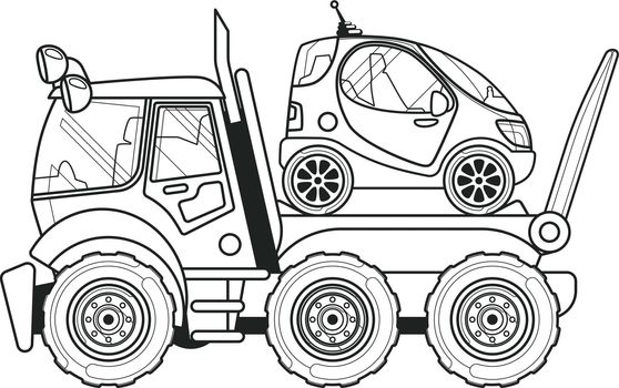 Towing Truck with a Tiny Car Side View Coloring Book. Line Art.