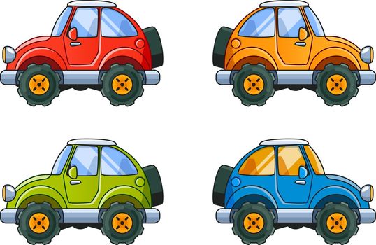 Cartoon Cars Side View Isolated on White Background. 4 Colors.