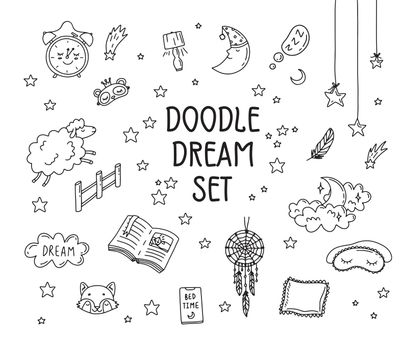 Sleep dream cute outline Doodle icons. Sleeping simple cartoon drawing style.