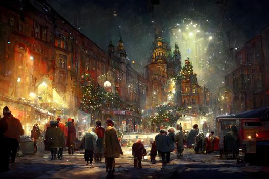 night crowded christmas european town street, neural network generated art