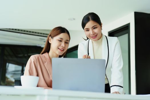 beautiful female employees discussing while working on a computer
