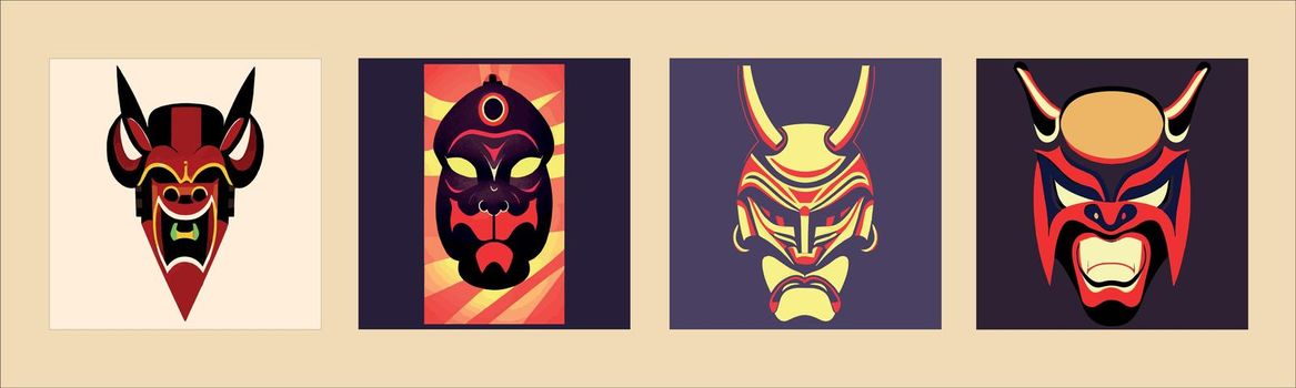 Set of Japanese Kabuki masks. Masks with different emotions. Sinister masks of Japanese demons and monsters. Vector