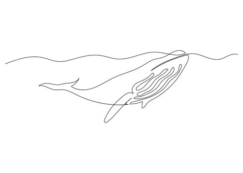 Continuous line drawing of whale with the ocean. Minimalism art.