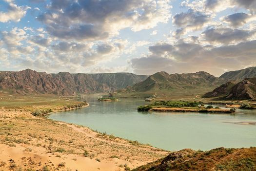 Ili river landscape in Tamgaly tas tract in Almaty region in Kazakhstan