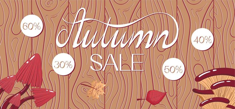 Autumn banner with the inscription autumn sale on a wooden background with mushrooms, leaves and circles with discount percentages