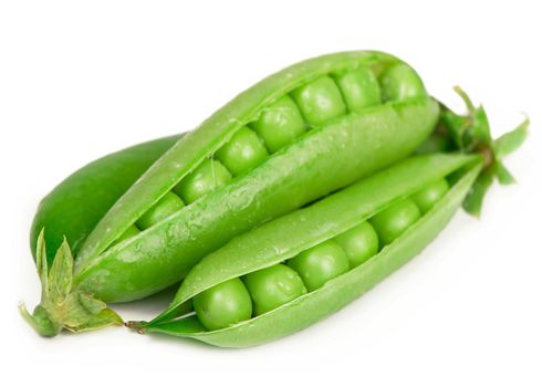 Fresh green peas with beans isolated on white background. Horizontal subassembly with clipping path